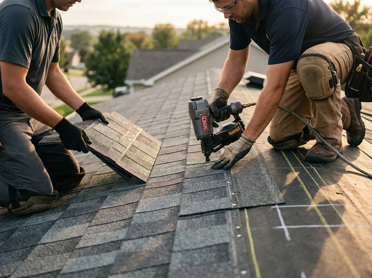 Professional roofer working on a residential roof in Gustine